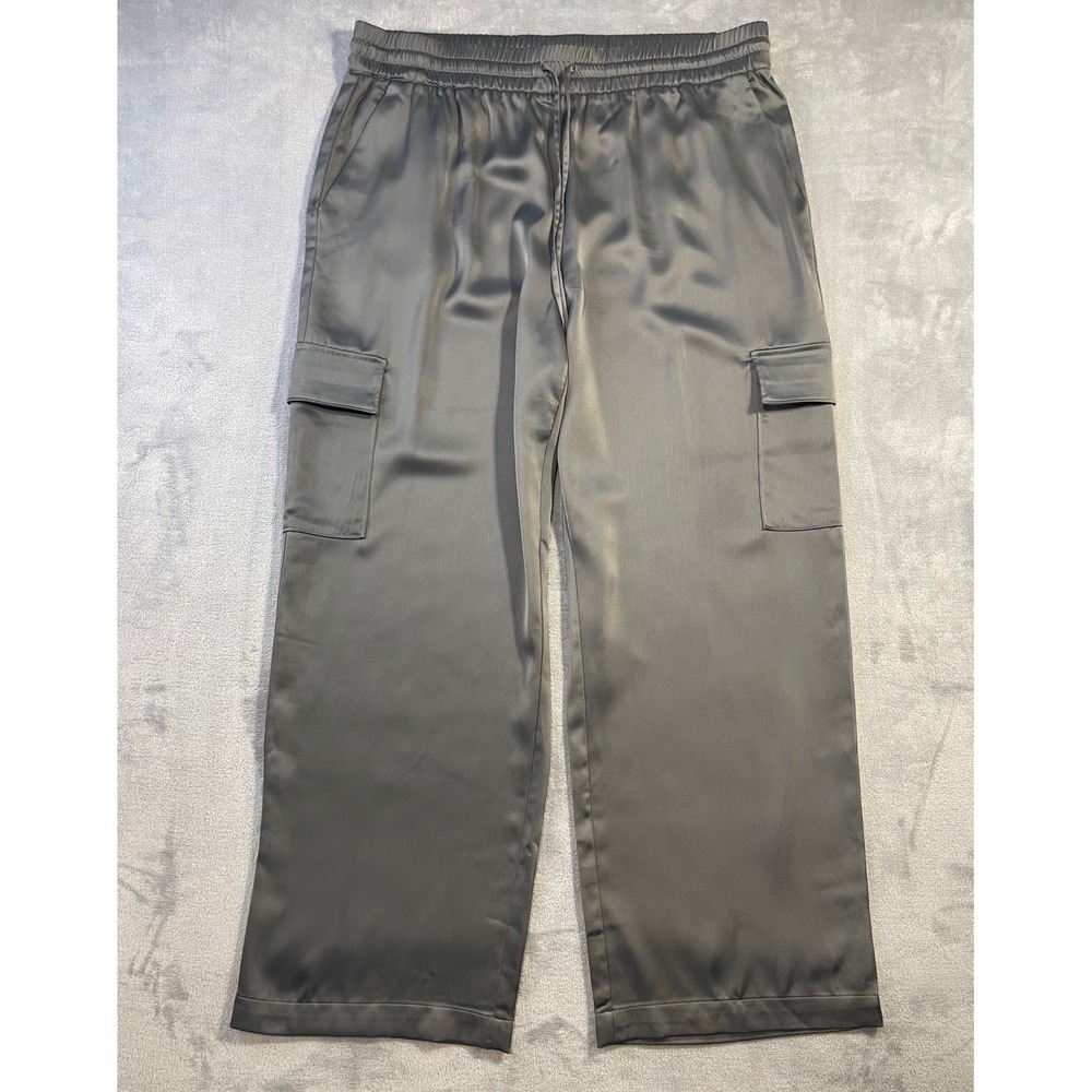 Rachel Zoe Women XL Satin Cargo Pants Gray Wide Leg Drawstring